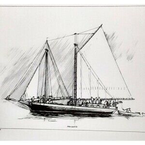 Home port, Camden, Maine: Mercantile Schooner Ink Drawing by S. F. Manning, 1975